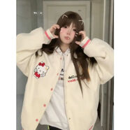 靜多嵐甜美校園風(fēng)國潮美式復(fù)古棒球服KT貓寬松外套秋冬夾克外套長袖 杏色[優(yōu)質(zhì)做工] M