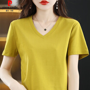 皮爾卡丹（pierre cardin）絲光棉t恤女短袖23年夏季新款棉圓領(lǐng)上衣精梳棉體恤顯瘦高端大氣 姜黃色-V領(lǐng) S