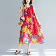 花九卿海邊度假連衣裙 海灘裙沙灘裙女夏新款旅游拍照超仙大號無(wú)袖長(cháng)裙 186紅色  3XL 125-140