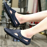 費(fèi)耐弗（feinaifu）涼鞋男真皮夏季頭層牛皮沙灘鞋大碼防水包頭男士涼拖鞋透氣涼皮鞋 藍(lán)色 41