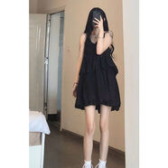 AHKA韓版純色荷葉邊v領(lǐng)雪紡無袖吊帶連衣裙女夏季寬松a字裙高腰背帶裙 黑色 【收藏店鋪 優(yōu)先發(fā)貨】 S 70-95斤
