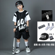 NUBEXI兒童街舞潮服男童嘻哈套裝夏季六一炸街兩件套架子鼓走秀演出服裝 黑色（配帽子襪子頭圍護(hù)腕項(xiàng)鏈） 140碼