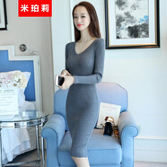 米珀莉針織連衣裙秋季2025新款女裝氣質(zhì)女神范小香風(fēng)包臀打底裙顯瘦V領(lǐng) 灰色 L