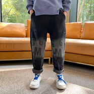 瑞詩(shī)珂胖童褲子春夏冬加絨男童牛仔褲寬松大碼加肥加大男中大童休閑長(cháng)褲 黑色字母*春秋款（不加絨） 胖童 140 80-90斤