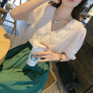 OYZ香港潮牌夏季新款女小清新套裝娃娃領(lǐng)法式甜美仙氣超仙連衣裙子 白色上衣＋綠色半身裙 S