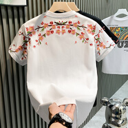 得芊逸歐洲站時(shí)尚潮牌梅花刺繡輕奢男T恤短袖青年寬松休閑百搭半袖體恤 白色 3XL(建議145-160斤內)