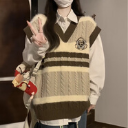 薇戀夢(mèng)嵐日系學(xué)院風(fēng)v領(lǐng)條紋針織毛衣馬甲背心女學(xué)生+白色襯衫 [卡其套裝]馬甲+白色襯衫 S