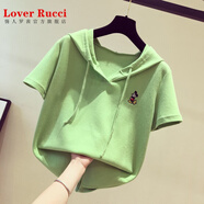 LOVER RUCCI連帽衛衣t恤女短袖2025年夏季短款韓版米奇帶帽糖果色純棉上衣潮 綠色【米奇.】 2XL 【建議125-135斤】