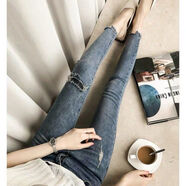 寶喬旭大媽斤ins破洞牛仔褲女春秋胖m高腰九分緊身顯瘦小腳鉛筆褲 藍色 L 100-120斤