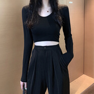 惠奴比緊身長袖上衣女春秋2022新款露臍T恤洋氣內(nèi)搭高腰短款黑色打底衫 黑色上衣 S碼(75-90斤)