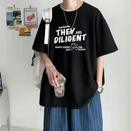 爾聽短袖T恤男2025新款夏季ins潮牌美式高街男生半袖寬松體恤純棉衣服 黑色 XL （120-140斤）