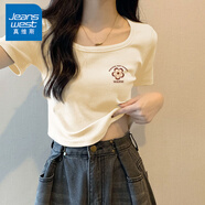真維斯（JEANSWEST）t恤女士夏季2025新款方領短款緊身短袖女裝休閑時尚甜妹半袖上衣 杏色 棕色花_K M 【螺紋下擺】