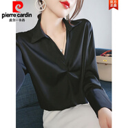 皮爾卡丹（pierre cardin）法式緞面白襯衫女春裝2025年新款洋氣時(shí)尚職業(yè)襯衣設計感小眾針織 黑色 XL