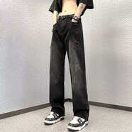 衣然呈品做舊牛仔褲男春秋新款潮牌寬松休閑百搭直筒美式高街破洞褲子男褲 黑色 XL【建議125-145斤】