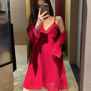 KJ睡衣女長袖金絲絨家居服蕾絲性感帶胸墊吊帶睡裙睡袍兩件套家居服 紅色 996 XL (115-135斤)