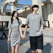 早美 不一樣的情侶裝夏裝2022新款韓版ins情侶刺繡海邊沙灘短袖情侶t恤女一男一女學(xué)生班服定制潮 女套裝 M