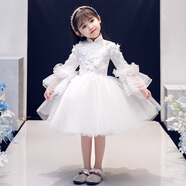 apfelbaum女童禮服花童白紗婚紗裙小女孩生日公主裙長(cháng)袖兒童鋼琴演出服春秋 A9162白色常規款 130cm