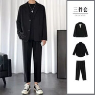 逐夢顏男士西裝休閑韓版小西服春秋外套潮流痞帥氣正裝青年男士西服上衣 01三件套 西裝+西褲+黑長袖襯衫 5XL【190-200斤可穿】