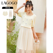 lagogo拉谷谷2023年夏季新款A(yù)字高腰甜美刺繡連衣裙女氣質(zhì)網(wǎng)紗裙 黃色(K2) L 165/40
