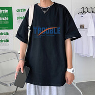 威覺短袖t恤男夏季純棉潮牌字母印花五分袖青少年學生圓領(lǐng)寬松上衣 字母款黑色 M碼