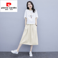 皮爾卡丹（pierre cardin）棉麻時尚套裝女2024夏季新款休閑裙子小個子連衣裙收腰亞麻兩 上白下米白 L 體重100-115斤