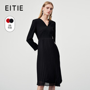 愛特愛（EITIE）v領(lǐng)通勤收腰百褶純色連衣裙顯瘦秋季新款氣質(zhì)百搭A(yù)字裙6707420 黑20 M 160