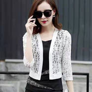 UKCF小披肩裙子外搭夏季新款小披肩鏤空開(kāi)衫女百搭蕾絲短袖外搭短外套配吊帶裙子防嗮 梔子花披肩【白色七分袖】 XL 110-125斤