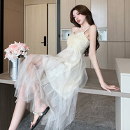 家隆名秀小白裙輕婚紗仙女網(wǎng)紗日常禮服小個(gè)子性感抹胸吊帶連衣裙度假風(fēng) 杏色 M