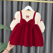 艾諾輪周歲寶寶禮服女童春秋季裝連衣裙一歲女孩兒童加絨裙子嬰兒公主裙 蝴蝶結(jié)假兩件裙 紅色(春秋款) 80