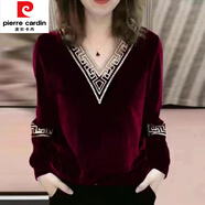 皮爾卡丹（pierre cardin）大尺碼女裝v領(lǐng)t恤金絲絨上衣秋冬新款寬松顯瘦遮肚子長(zhǎng)袖時(shí)髦打底 酒紅色【金絲絨薄款】 2XL 建議125-140斤