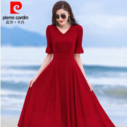 皮爾卡丹（pierre cardin）紅色裙子2024女夏新款小個(gè)子長(zhǎng)款大擺雪紡連衣裙仙氣質(zhì)沙灘長(zhǎng)裙 酒紅色連衣裙%7E五分袖 XL:建議115-125斤