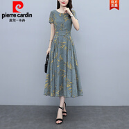 皮爾卡丹（pierre cardin）短袖圓領(lǐng)碎花雪紡長(cháng)裙收腰顯瘦連衣裙中年媽洋氣高貴大號女夏季 灰綠色【高貴印花中長(cháng)款遮垮收腰 3XL 適合130-139斤