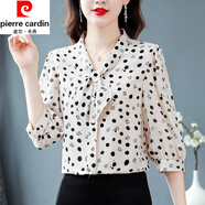 皮爾卡丹（pierre cardin）真絲短袖襯衫女夏季新款中年波點(diǎn)時(shí)尚減齡洋氣小衫桑蠶絲上衣顯瘦 杏色 XL 110-120斤
