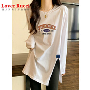 LOVER RUCCI秋季設計感長(cháng)袖t恤女中長(cháng)款小衫寬松內搭打底衫鯊魚(yú)褲上衣搭配 潮 1983-白色 XL 【125-140斤】