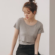米度麗哺乳衣外出春夏大碼T恤產(chǎn)后喂奶衣長袖月子服夏季哺乳裝背心上衣 短袖-淺灰色 L碼