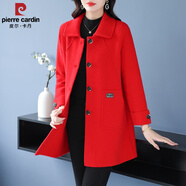 皮爾卡丹女士毛呢外套女羊毛開(kāi)衫中長(cháng)款2025秋冬新款時(shí)尚寬松顯瘦羊絨大衣 紅色 L 【100-115斤】