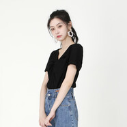 WEWE唯唯夏季新款女裝氣質(zhì)甜美通勤時(shí)尚V領(lǐng)短袖T恤女 黑色 S (160)