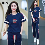 JPN運動(dòng)套裝女 輕奢潮牌夏季新款時(shí)尚條紋百搭短袖T恤九分褲兩件套 藍色 3XL 【135-150斤】
