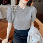 DAVEY MODE港風(fēng)鏤空泡泡袖短袖t恤女新款夏氣質(zhì)設(shè)計(jì)感上衣女(無(wú)蝴蝶結(jié)) 灰色 XL :建議【120-135斤】