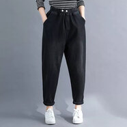 高腰牛仔褲女冬季寬松加絨老爹蘿卜褲顯瘦小腳哈倫長(cháng)褲 黑色 L