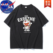 NASA ABOUT聯(lián)名短袖t恤夏季哆啦A夢(mèng)印花T恤男女情侶純棉圓領(lǐng)寬松半袖青 黑色 XL