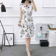 錦人初棉綢碎花連衣裙短裙小個子顯瘦印花裙子沙灘裙海邊渡假夏新款 瓦袖白底小花 S 建議80-95