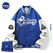 NASA LIKE官方外套春秋季美式毛巾繡棒球服男女情侶撞色拼接飛行員男士夾克 字母藍色 XL （建議120-130斤）