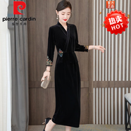皮爾卡丹（pierre cardin） 復(fù)古繡花金絲絨V領(lǐng)旗袍裙女2022秋新款國潮風(fēng)修身顯瘦連衣裙長裙 黑色 M 90-105斤