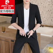皮爾卡丹（pierre cardin）2025男士西服套裝韓版修身休閑外套中袖夏季薄款小西裝七分袖帥氣 926黑色（西服+褲子） 2XL 180