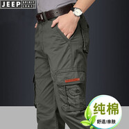 吉普（JEEP）休閑褲男純棉寬松直筒工裝褲男春秋季新款多口袋大碼男士長(cháng)褲子 軍綠色 33