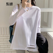 別語(yǔ)白色中長(cháng)款長(cháng)袖t恤女潮流穿搭寬松破洞打底衫內搭春秋季上衣 白色 M