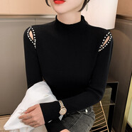 香影芬半高領(lǐng)打底衫女2025新款秋冬感釘珠露肩針織毛衣內搭修身上衣 黑色 S (建議95斤以?xún)?