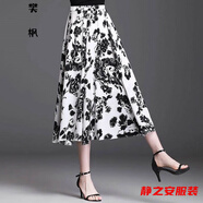 瑪菲萱女式中年人穿的夏天的裙子夏季含棉半身長裙裙子夏天口袋修身復(fù)古 白色底黑花【沒有口袋】 L 建議115-130斤