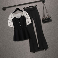 梵闋大碼女裝夏季雪紡衫女新款2025胖mm減齡顯瘦遮肚子微喇褲職業(yè)套裝 上衣+褲子（套裝） 3XL -建議160-180斤